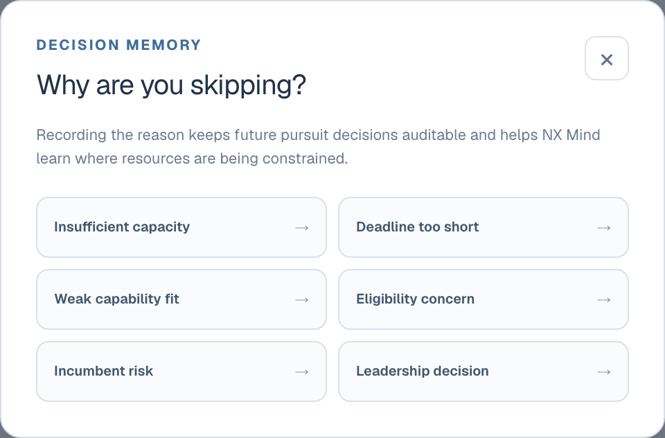 Skip reason dialog titled 'Why are you skipping?' with six reason options including insufficient capacity and deadline too short.